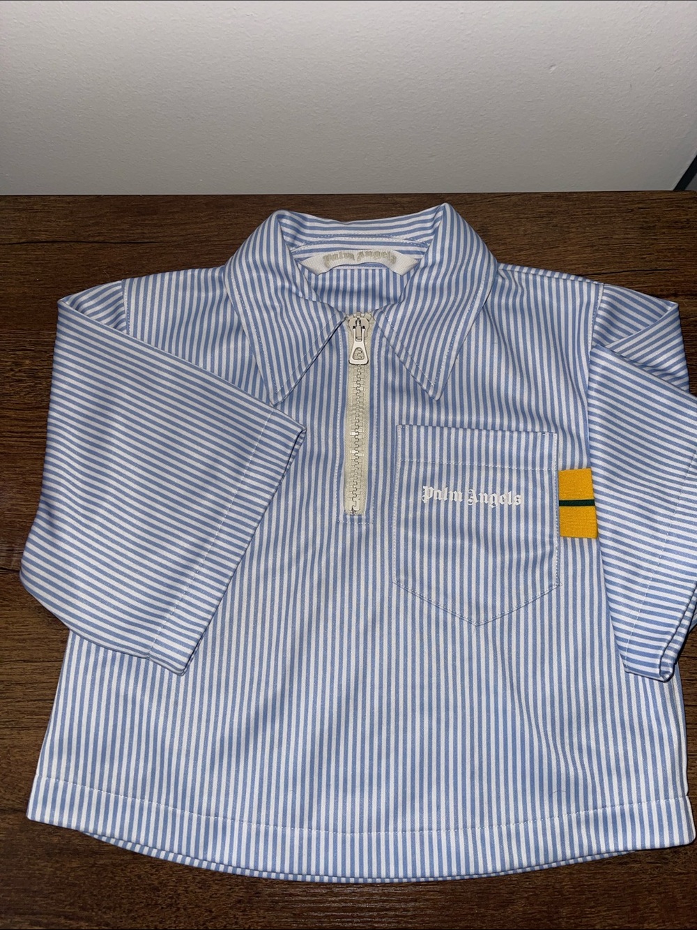 Palm Angels Women’s Light Blue & White Striped Zip Crop Top Polo
